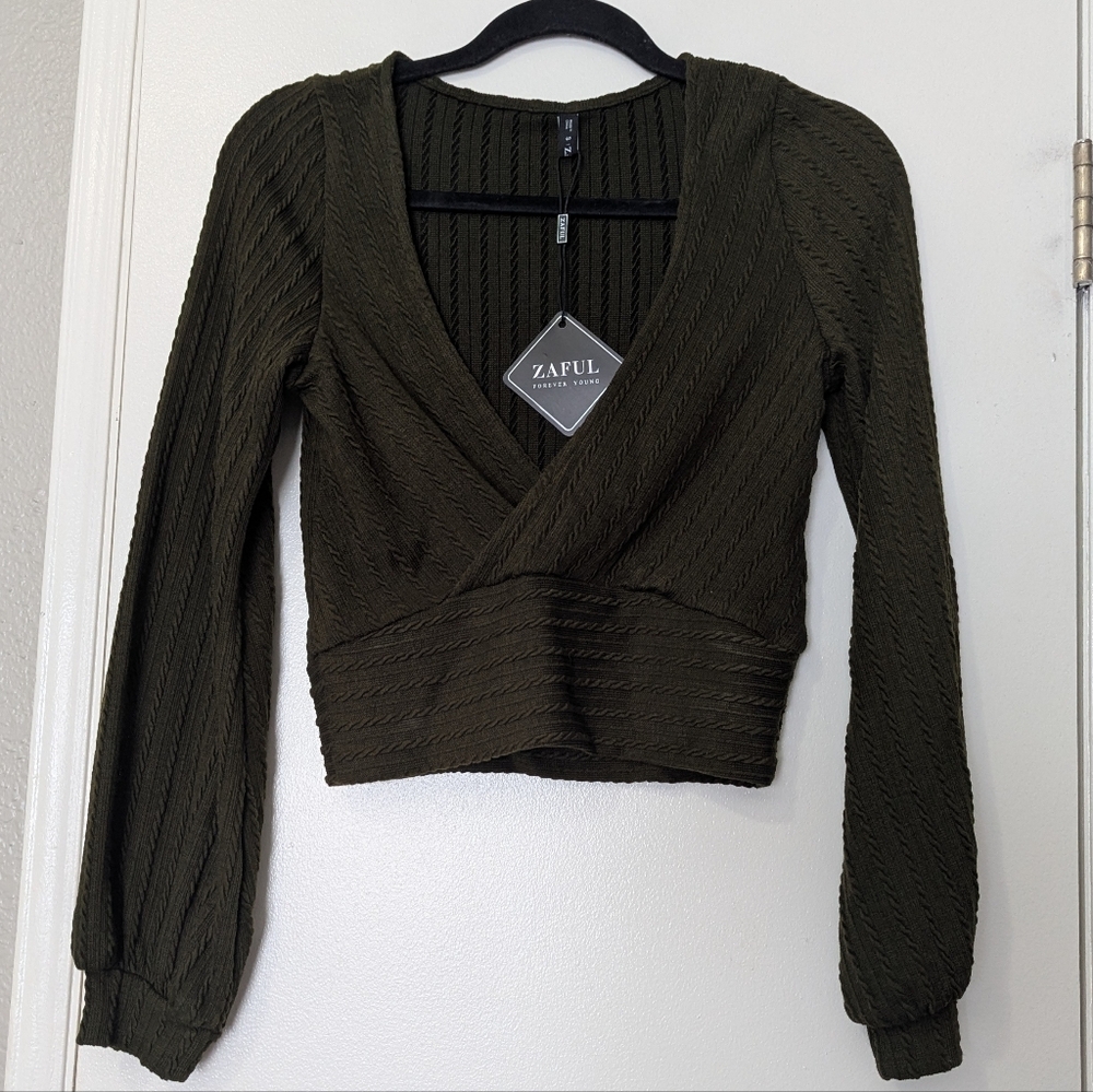 Zaful Olive Green Ribbed Sweater Top